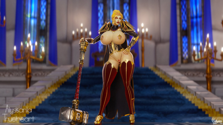 1girls alyssania bimbo blizzard_entertainment blonde_hair horde_symbol horde_tattoo huge_breasts human human_(world_of_warcraft) light-skinned_female light_skin lordaeron_symbol nipple_piercing original_character pinup red_lipstick solo tattoo valkyrien warcraft white_skin world_of_warcraft