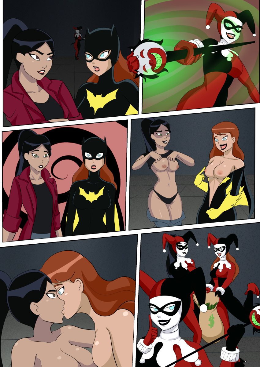 3girls barbara_gordon batgirl batgirl_(the_new_batman_adventures) batman:_the_animated_series batman_(series) black_lipstick brainwashing comic crossover dc_comics dcau droneification ellen_yin female female_only harley_quinn harley_quinn_(classic) hypnosis kissing large_ass large_breasts multiple_girls the_batman the_new_batman_adventures thick_thighs transformation undressing unzipping wide_hips yuri