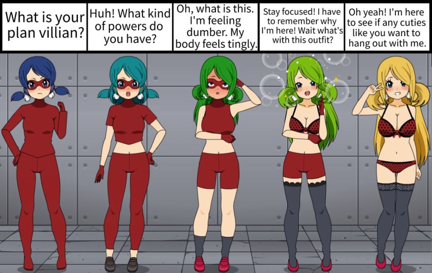 5girls 8:5 alternate_breast_size belly bikini bimbo bimbofication blonde_hair blonde_hair_female blue_eyes blue_eyes_female blue_hair blue_hair_female breast_expansion deviantart english_dialogue female female_only green_hair green_hair_female kisekae ladybug_(character) long_blonde_hair long_green_hair long_hair long_hair_female marinette_cheng marinette_dupain-cheng miraculous_ladybug multiple_girls open_mouth short_blue_hair short_hair short_hair_female talking_to_viewer teen_girl teenage thick_thighs transformation v visible_teeth waist_length_hair wide_hips