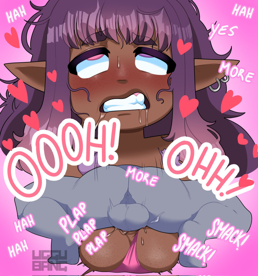 2boys ahe_gao anon backsack dark-skinned_femboy dark-skinned_male dark-skinnedsub dark_skin drooling elf elf_ears grey_body heterochromia isaac_(uggu_bang) male_anus mating_press panties_aside piercing piercings pink_eyes pointy_ears purple_eyes sissy uggu_bang yaoi