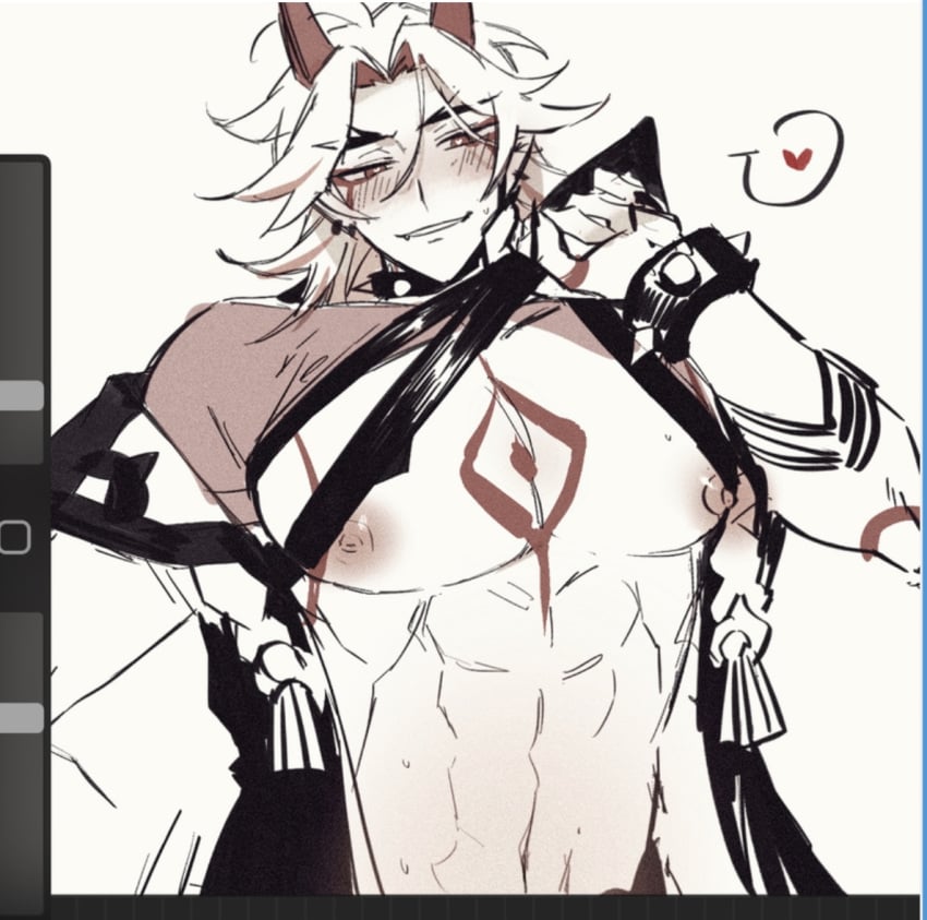 1boy abs arataki_itto blush body_markings buff choker clothes_pull clothing_lift genshin_impact long_nails male male_only muscular muscular_bottom muscular_sub nipples oni oni_horns pecs presenting_breasts presenting_pecs solo spoken_heart sweat