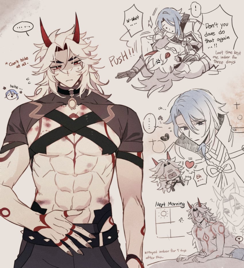 2boys abs annoyed annoyed_expression arataki_itto big_bottom big_sub bigger_sub blue_hair buff gay genshin_impact hickey hickey_marks implied_sex kakkaorz kamisato_ayato male male/male male_only muscular_bottom muscular_sub oni oni_horns oni_male red_horns sharp_fingernails sharp_nails tight_top tight_topwear white_hair yaoi