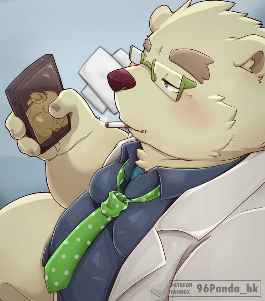 2022 96panda anthro ass balls belly blush canid canine canis cellphone clothing cu_sith_(tokyo_afterschool_summoners) domestic_dog genitals hi_res humanoid_hands kemono leib_(tokyo_afterschool_summoners) lifewonders male male_only mammal necktie overweight overweight_male penis phone polar_bear shirt smartphone smoking tokyo_afterschool_summoners topwear ursid ursine video_games white_body