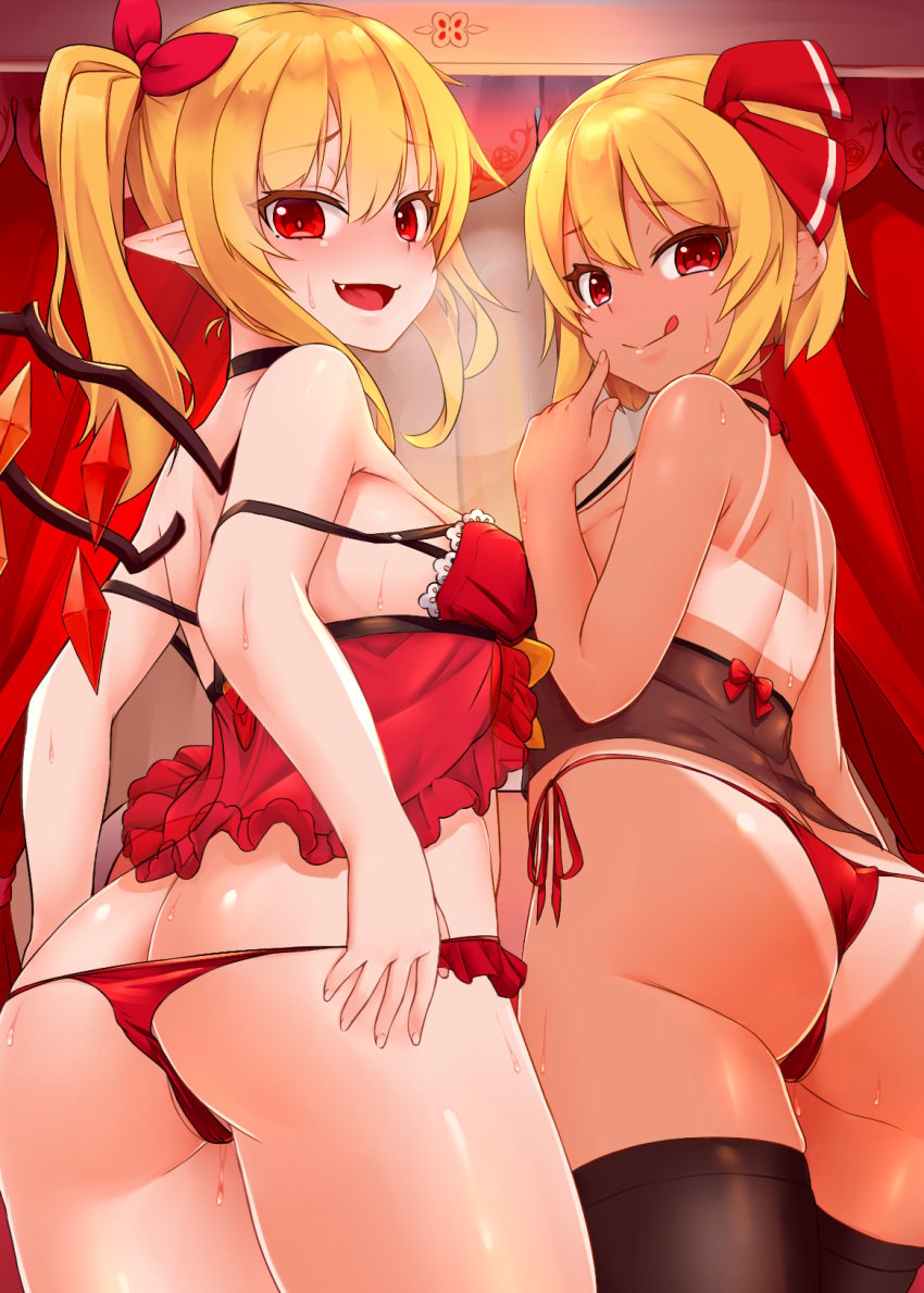 2girls :q ass bare_arms bare_shoulders big_ass black_choker black_legwear blonde_hair breasts camisole choker closed_mouth curtains flandre_scarlet from_behind hair_ribbon highres licking_lips lingerie long_hair looking_at_viewer looking_back multiple_girls no_pants oerba_yun_fang open_mouth panties panty_pull pointy_ears red_eyes red_panties red_ribbon removing_panties ribbon rumia shiron_(e1na1e2lu2ne3ru3) side-tie_panties side_ponytail small_breasts smile standing sweat tan tanlines thick_thighs thighhighs tongue tongue_out touhou underwear underwear_only wings