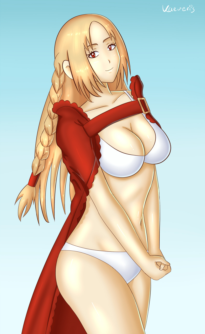 bikini blonde_hair final_fantasy final_fantasy_tactics final_fantasy_tactics_(original) huge_breasts kaeveris ovelia_atkascha red_eyes simple_background smile underwear