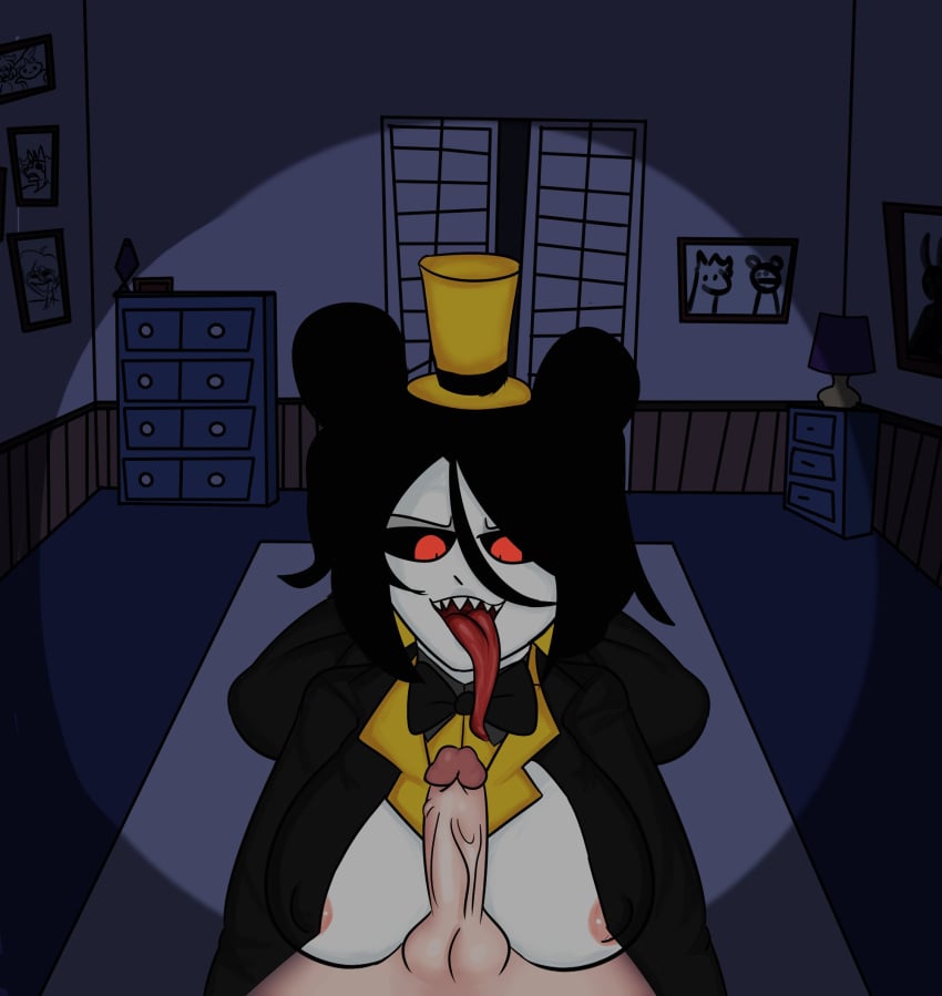 bear black_hair five_nights_at_freddy's five_nights_at_freddy's_4 five_nights_in_anime fnaf human_version long_tongue night nightmare_(fnaf) red_eyes reych_nsfw room rule_63 smile straight