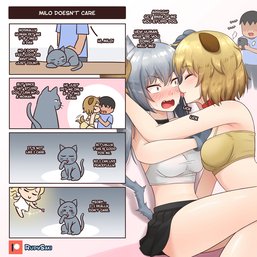 blush cat_ears cat_girl cat_tail catgirl dog_ears dog_girl dog_tail embarrassed gender_transformation licking_face mtf_transformation original rudy_saki rule_63 transformation tsf_4-koma yuri