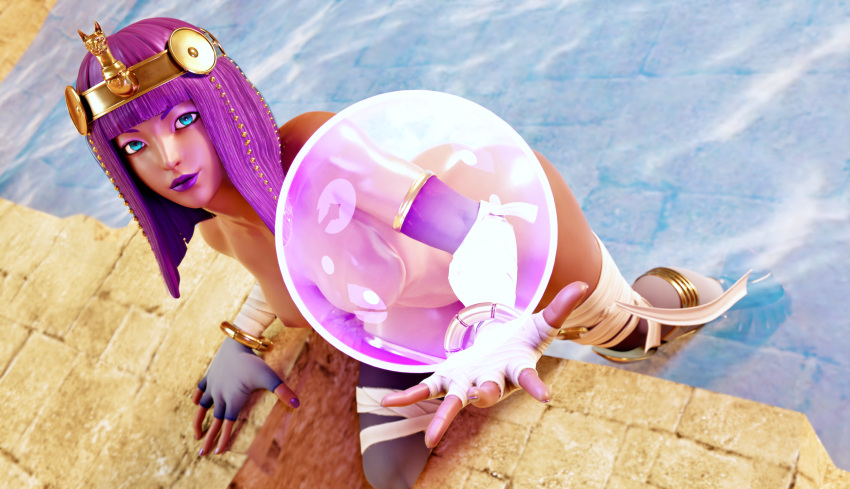 1girls 3d blue_eyes capcom crystal_ball dark-skinned_female dark_skin egyptian female female_focus female_only gold_bangle highres maiden-masher medium_hair menat mummy_wrappings nude nude_female posing purple_hair purple_lipstick purple_nail_polish solo street_fighter street_fighter_v water wristband