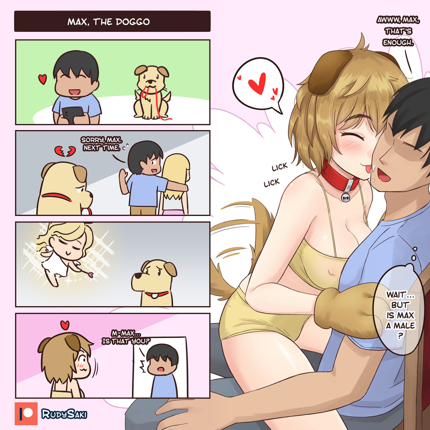 blush dog_ears dog_girl dog_tail gender_transformation licking_face mtf_transformation original rudy_saki rule_63 slq transformation tsf_4-koma