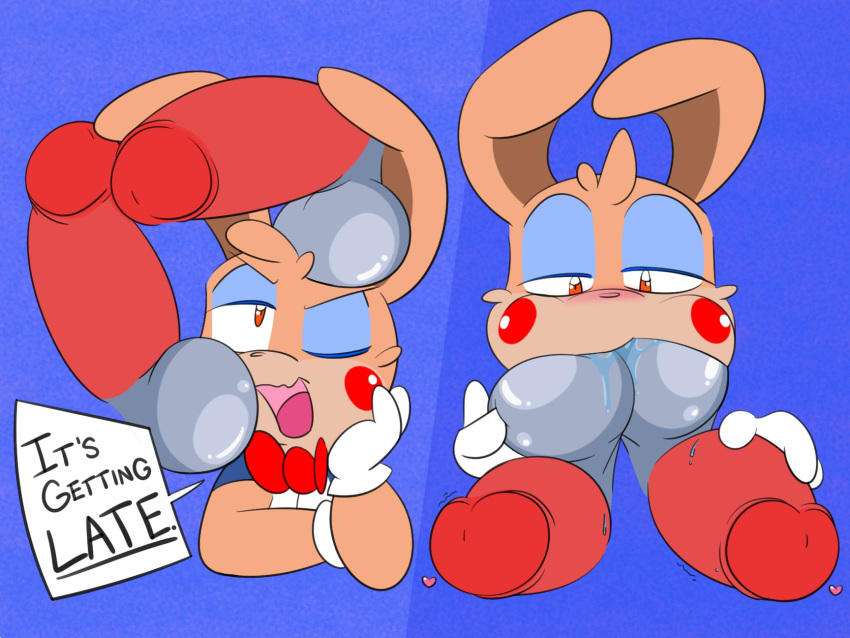 anthro ball_worship balls_on_head blush bow_tie clothing erection gloves group handwear heart hi_res lagomorph leporid male male/male mammal one_eye_closed psyredtails pupils rabbit red_pupils rudy_(psyredtails) shirt simple_background speech_bubble topwear upper_body