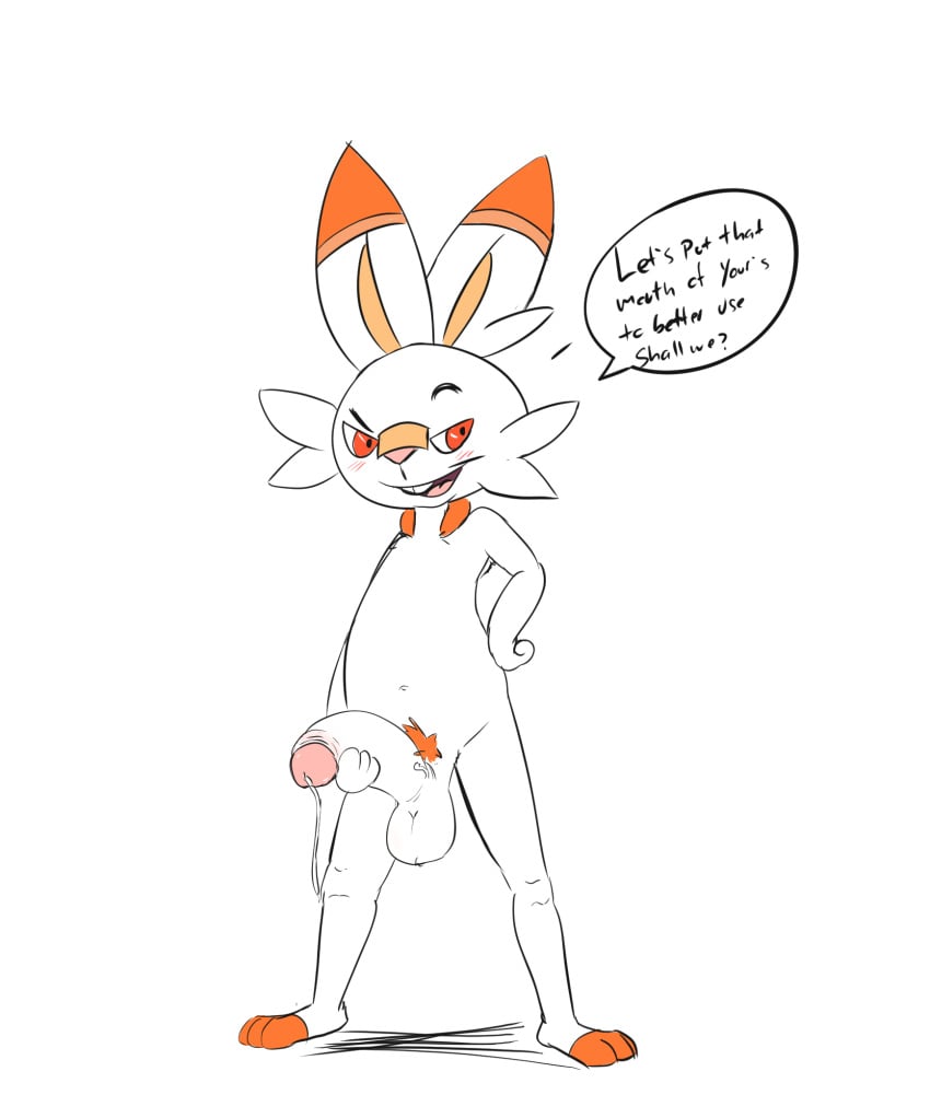 anthro balls blush bodily_fluids dominant erection foreskin genital_fluids genitals hand_on_hip hi_res lagomorph leaking_precum leporid looking_at_viewer male male_only mammal masturbation nintendo penis pokémon_(species) pokemon precum pubes rabbit scorbunny small_but_hung solo twerpishimp video_games