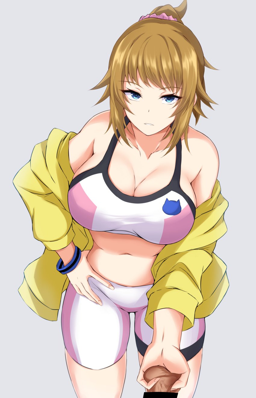 1girls absurdres ball_grab ball_squeeze ballbusting bangs bare_shoulders big_breasts blue_eyes bracelet bracelets breasts brown_hair cleavage cowboy_shot crop_top eyebrows_visible_through_hair eyelashes eyelashes_visible_through_hair female femdom grey_background gundam gundam_build_fighters gundam_build_fighters_try hand_on_hip highres hoshino_fumina jacket large_breasts long_sleeves looking_at_viewer midriff navel off_shoulder parted_lips pink_scrunchie pov scrunchie short_hair shorts simple_background solo sports_bra squeezing squeezing_balls squeezing_testicles standing stomach testicle_grab testicle_squeeze testicles thick_thighs thighs watarasera_piro yellow_jacket