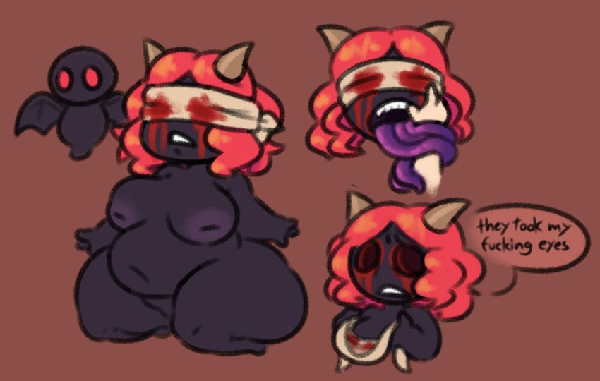 2022 big_ass big_breasts big_butt black_body blood chubby chubby_female demon_girl eyes_covered female female_only finger_in_mouth horns large_areolae large_ass large_breasts large_tongue lilith_(the_binding_of_isaac) no_eyes purple_areola purple_tongue red_hair sharp_teeth shortstack sleepyslut the_binding_of_isaac