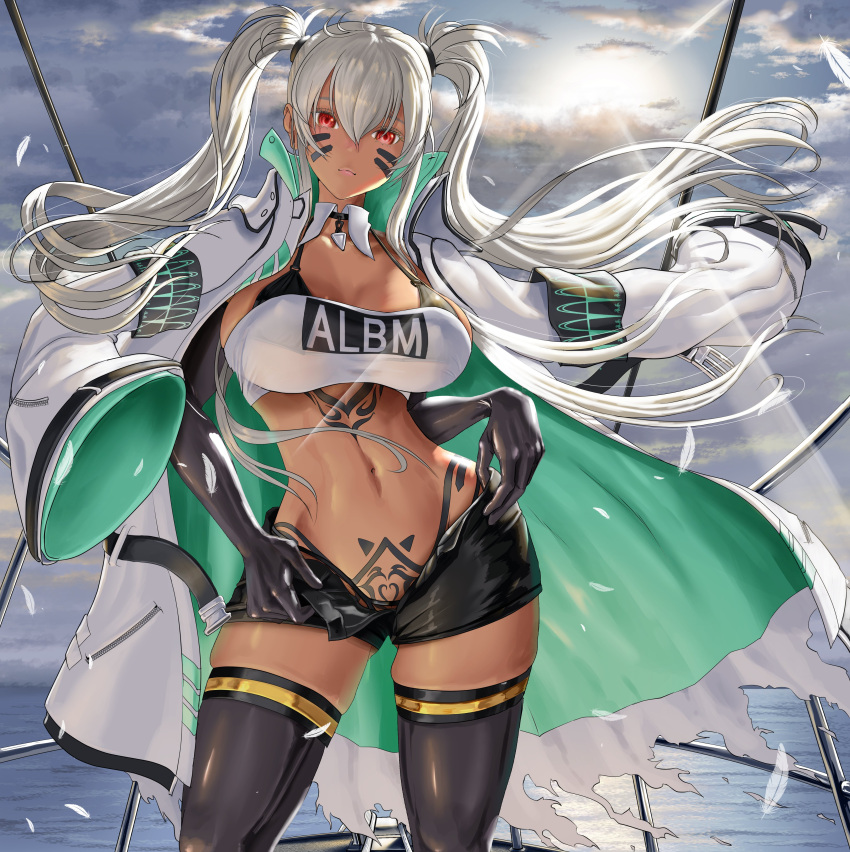 1girls absurdres alabama_(azur_lane) armband azur_lane bandeau bangs bikini bikini_under_clothes black_bikini black_gloves black_legwear black_shorts body_markings bodypaint breasts cleavage closed_mouth clothes_writing cloud cloudy_sky coat coat_on_shoulders collarbone commentary_request cowboy_shot dark-skinned_female dark_skin day detached_collar dorian_oishiiyo elbow_gloves facial_mark female female female_only floating_hair gloves hair_between_eyes highleg highleg_bikini highres jacket large_breasts long_coat long_hair long_sleeves looking_at_viewer midriff navel ocean open_clothes open_fly open_shorts outdoors pubic_tattoo railing red_eyes short_shorts shorts sidelocks skindentation sky snap-fit_buckle solo standing strapless sunlight swimsuit tattoo taut_clothes thighhighs thighs torn_coat tube_top twintails undressing very_long_hair whisker_markings white_coat white_hair white_jacket white_tube_top