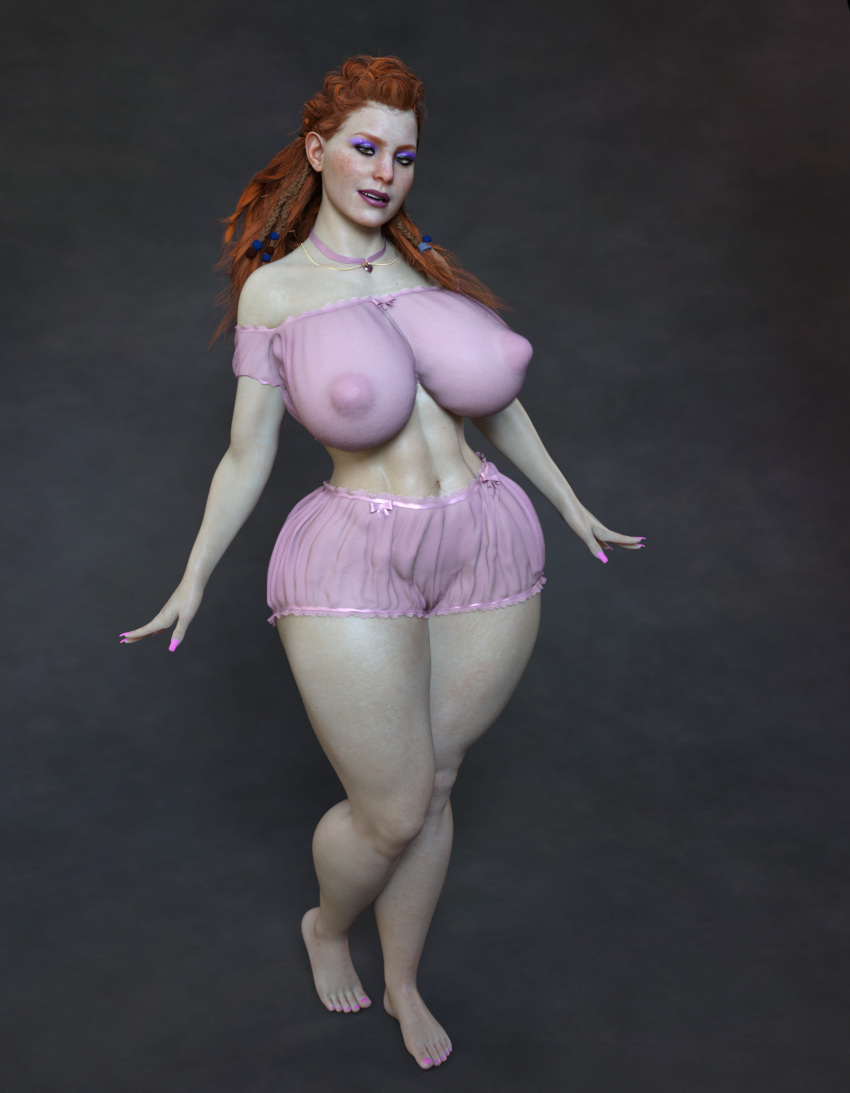 3d aloy alternate_ass_size alternate_body_type alternate_breast_size athletic athletic_female big_areola big_breasts big_nipples bimbo curvaceous curvy curvy_figure cute cute_face female female_only heavy_makeup horizon_forbidden_west horizon_zero_dawn lingerie makeup nsfw_pinups pinup red_hair shorts smile smiling thick_ass thick_thighs