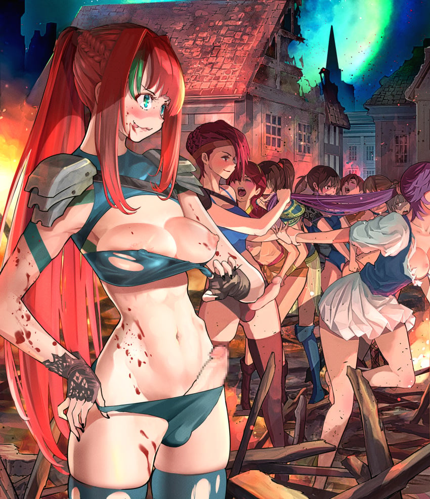 6+girls abs armor big_breasts big_penis bikini black_nails blood blood_splatter blue_bikini blue_legwear breasts brown_gloves brown_hair censored closed_mouth combat erection female fingerless_gloves fingernails fire futa_on_female futanari gloves grabbing_another's_hair green_eyes group_rape highres licking_lips light-skinned_female light-skinned_futanari long_hair medium_breasts mosaic_censoring multicolored_hair multiple_futa multiple_girls nail_polish navel night nipples original outdoors pauldrons penis ponytail purple_hair rape red_hair shiratama_(monster1553) shoulder_armor smile solo_focus standing streaked_hair swimsuit thighhighs tongue tongue_out torn_clothes torn_legwear very_long_hair