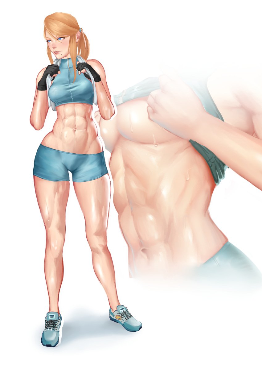 abs blonde_hair blue_eyes casual_outfit_(metroid) female female_only metroid metroid_dread mole_under_mouth mon_eree muscular_female ponytail samus_aran shorts simple_background sweat tomboy white_background workout_clothes