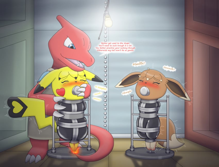 1boy 2girls blush bodily_fluids bondage bound burn_marks caged charly-sparks charmeleon clothing collar cosplay_pikachu duo eevee female feral forced gag genderswap_(mtf) kidnapping latex male maledom metal_collar metal_harness nintendo pikachu pokémon_(species) pokemon pokemon_(species) pokemon_only rubber rubber_clothing rubber_suit submissive_female tears torture video_games