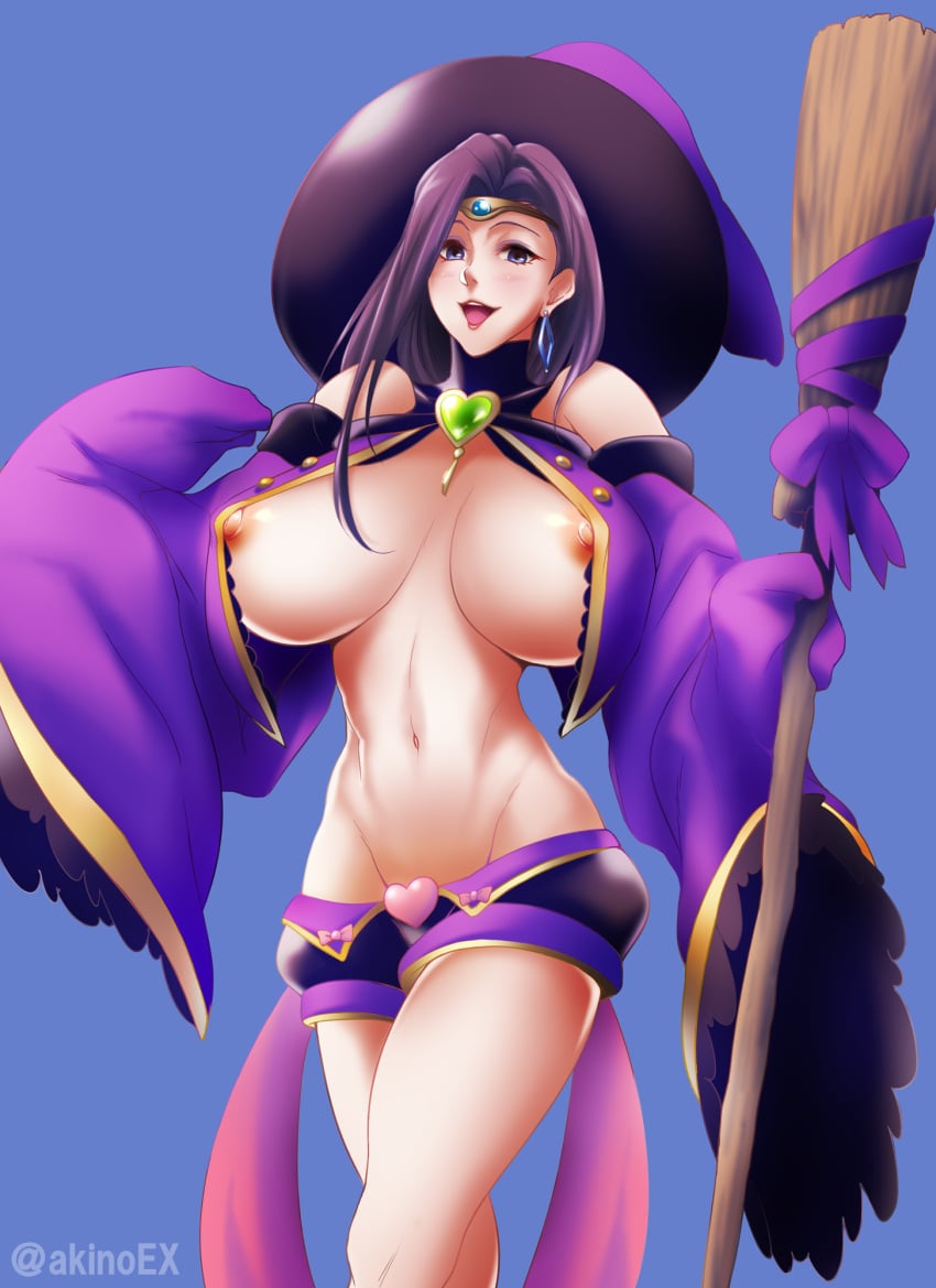 1girls :d akino_(gokosei) alternate_costume bare_legs blue_background blue_eyes breasts broom cosplay earrings female female_only fire_emblem fire_emblem_awakening fire_emblem_echoes:_shadows_of_valentia fire_emblem_gaiden halloween halloween_costume hat huge_breasts long_hair looking_at_viewer nintendo nowi_(fire_emblem)_(cosplay) open_mouth purple_hair revealing_clothes shorts smile solo sonya_(fire_emblem) wide_sleeves witch witch_hat