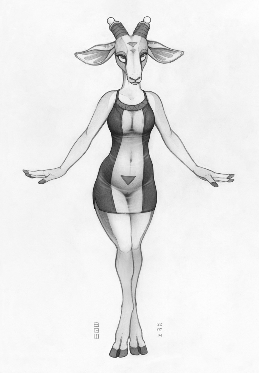 antelope anthro bovid clothing cloven_hooves dress ecmajor female gazelle hi_res hooves mammal monochrome partially_transparent solo translucent unguligrade_anthro