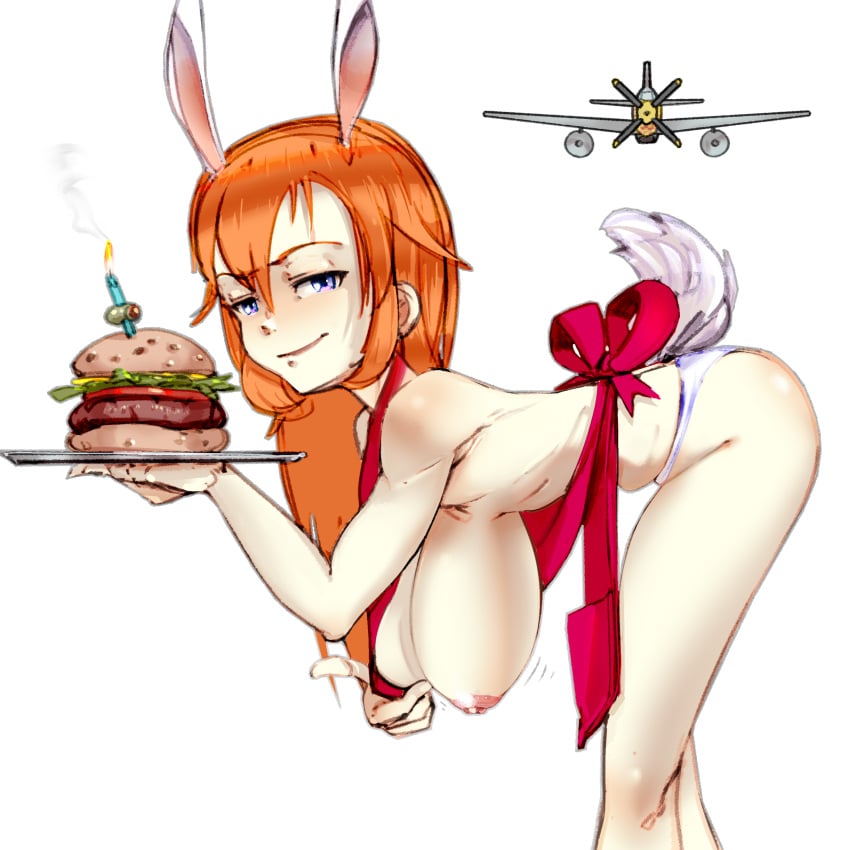 1girls apron big_breasts birthday_candle blue_eyes bunny_ears bunny_tail charlotte_e_yeager fighter_plane hamburger large_breasts leaning long_hair naked_apron panties red_hair sideboob smile strike_witches toorops