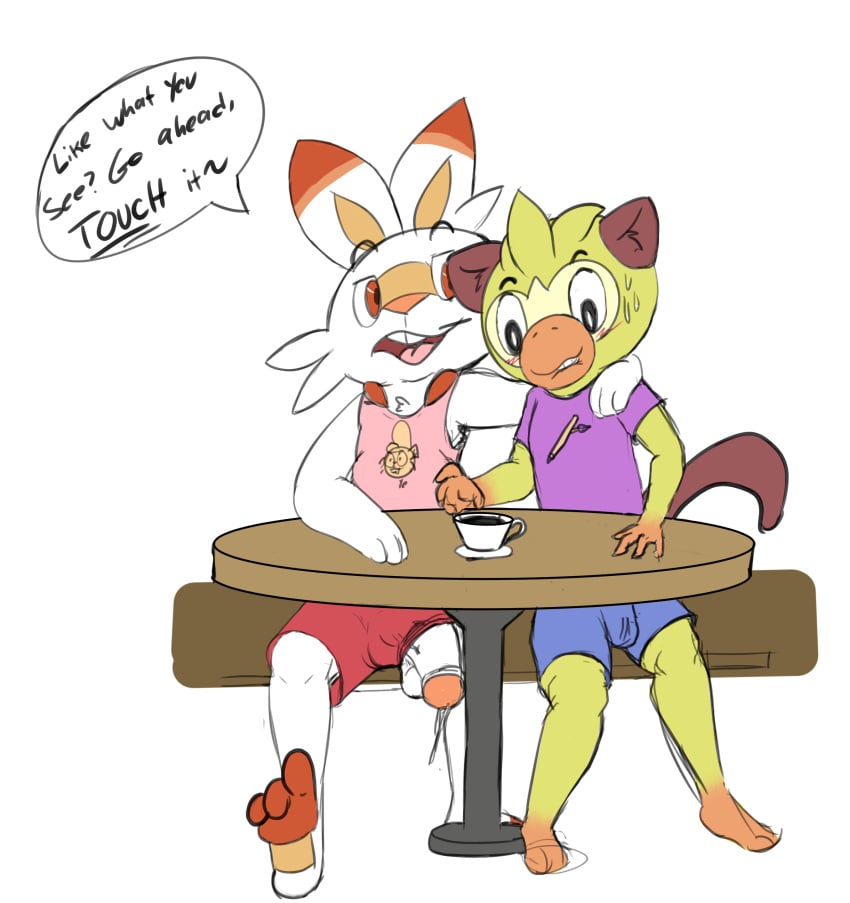 absurd_res anthro balls blush bodily_fluids bulge clothing dominant duo erection flirting genital_fluids genitals grookey haplorhine hi_res hibanny lagomorph leaking leporid male male/male mammal monkey nintendo penis pokémon_(species) pokemon precum primate rabbit sarunori_(pokemon) scorbunny shiny_grookey shiny_pokemon shiny_sarunori submissive sweat twerpishimp video_games wardrobe_malfunction