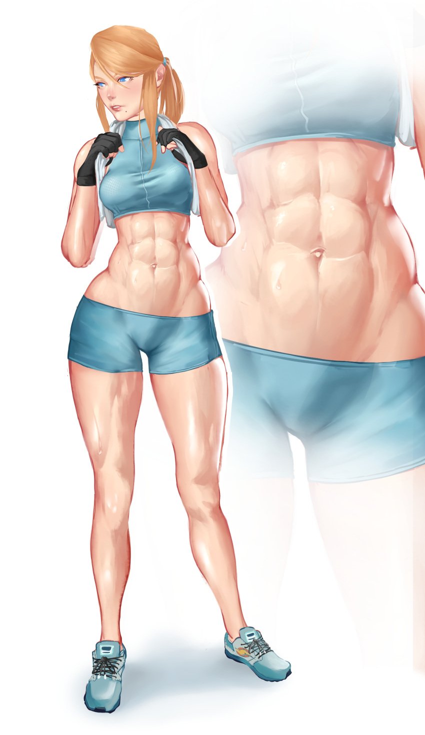 abs blonde_hair blue_eyes casual_outfit_(metroid) female female_only metroid metroid_dread mole_under_mouth mon_eree muscular_female ponytail samus_aran shorts simple_background sweat tomboy white_background workout_clothes