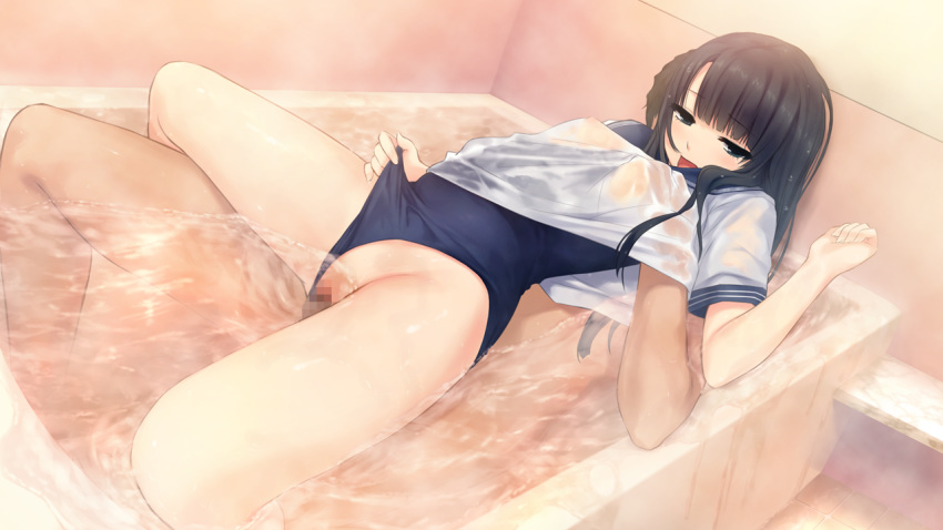 amekoi bath bathtub black_eyes black_hair blush breast_grab breasts censored coffee-kizoku female game_cg highres kazuharu_kina legs long_hair male noesis open_mouth penis see-through sex small_breasts steam swimsuit thighs vaginal_penetration wet wet_clothes