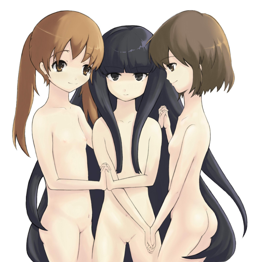 3girls auburn_hair black_hair brown_eyes brown_hair holding_hands human humanoid kuyou_suou kyouko_tachibana long_hair looking_at_another looking_at_viewer nude nude_female pigtails pussy sasaki shaved_pussy short_hair small_breasts smile suzumiya_haruhi_no_yuuutsu tachibana_kyouko tagme uncensored