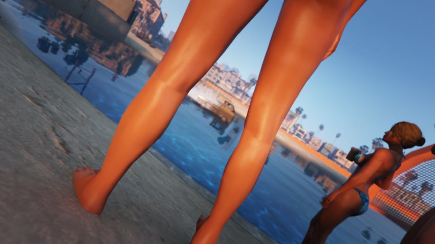 3d 3d_(artwork) 3dcg 3girls absurd_res ass bare_legs bare_shoulders barefoot blue_bikini brown_hair_female edited_screencap expressionless filter filtered game_cg grand_theft_auto grand_theft_auto_online high_resolution highres leaning_hips leg_focus mattiejas oblivious_sexualization rockstar_editor short_hair_female source_request unnamed_characters