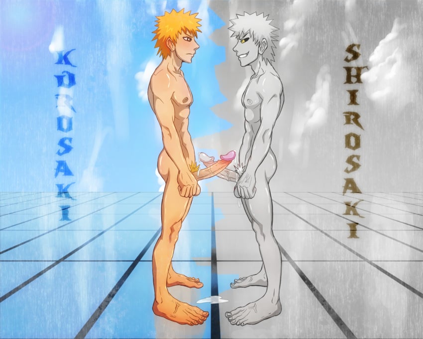 2boys anma barefoot bleach crossed_penises cum feet gay hollow hollow_ichigo ichigo_kurosaki male male_only yaoi zangetsu