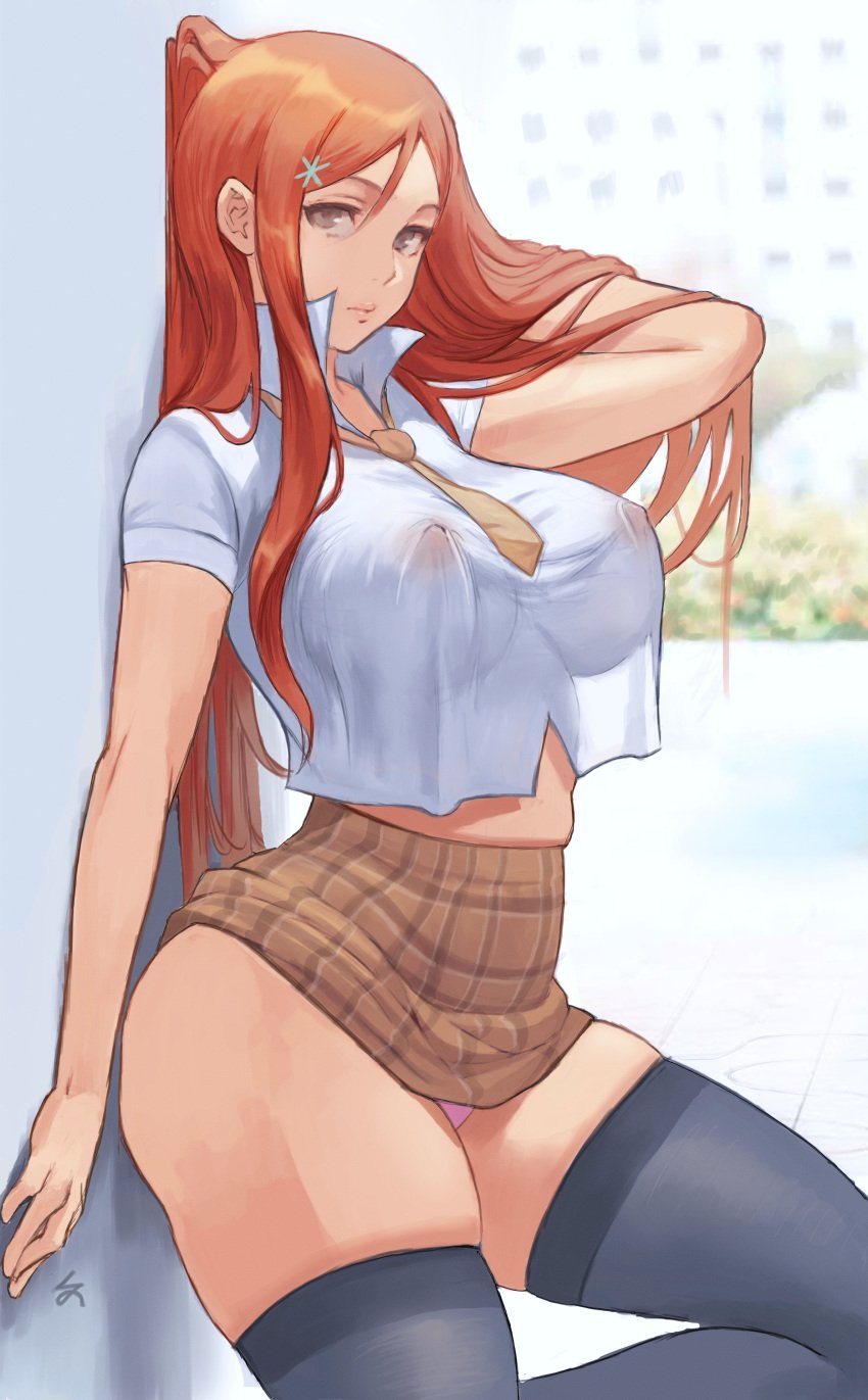 1girls absurd_res against_wall artist_signature ass big_ass big_breasts bleach breasts brown_eyes cutesexyrobutts_(style) eyelashes female female_focus female_only fully_clothed hair_ornament hairclip hi_res hips huge_breasts inoue_orihime legs_apart light-skinned_female light_skin long_hair looking_at_viewer miniskirt nipple_bulge nipples nipples_visible_through_clothing no_bra orange_hair outdoors panties panty_peek pink_panties relaxing revealing_clothes school_uniform schoolgirl see-through see-through_clothing shirt signature simple_background solo solo_female solo_focus stockings thick_thighs thighhighs thighs thin_waist underwear upskirt watermark wide_hips zefra_bleu