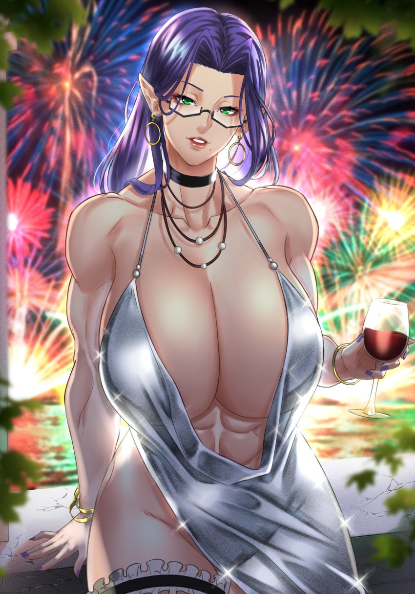 1girls abs anima_(togashi) beauty_mark cherise_(sable) cleavage dress drink earrings elegant_dress glasses huge_breasts looking_at_viewer milf muscular_female original_character phantasy_star_online_2 purple_hair venus_body