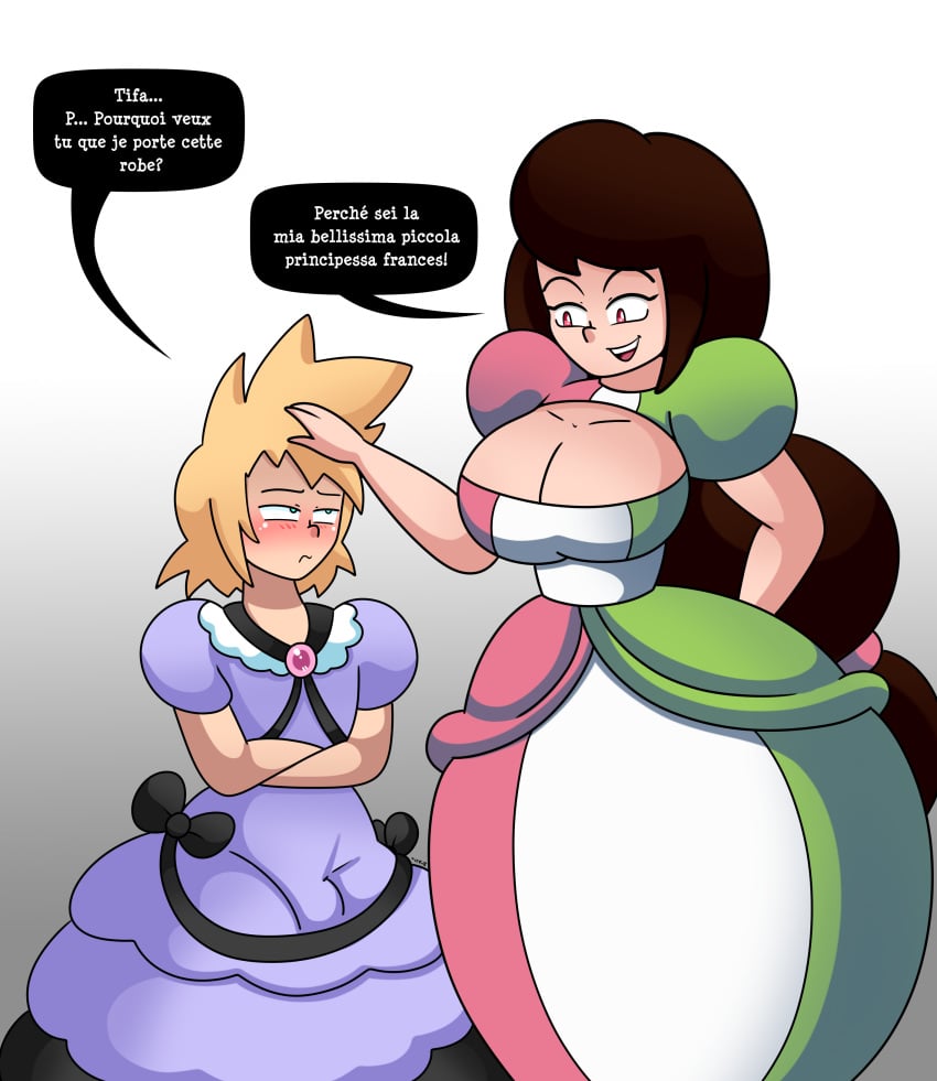 big_breasts blush bulge cloud_strife crossdressing daisy-pink71 dress femboy final_fantasy final_fantasy_vii final_fantasy_vii_remake flat_chest french_text grey_background italian_senate_hack italian_text meme purple_dress smaller_male square_enix taller_female text tifa_lockhart translated