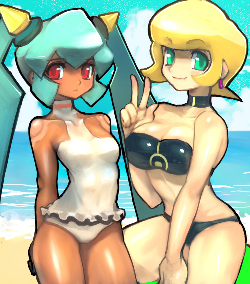 2girls aqua_hair bare_shoulders bikini binelu01 blonde_hair capcom chocolate_and_vanilla choker cleavage dakusuta dark_skin earrings green_eyes matilda_caskett mega_man mega_man_legends milf peace_sign red_eyes short_hair swimsuit yuna_(mega_man_legends)