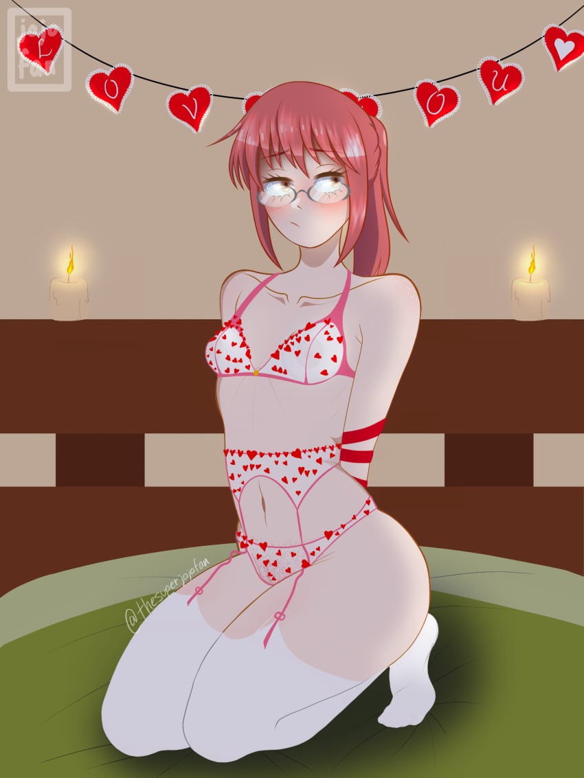 1girls arms_behind_back arms_tied_behind_back blush breasts candles glasses kobayashi kobayashi-san_chi_no_maidragon lingerie long_hair miss_kobayashi's_dragon_maid on_bed pink_hair ponytail skinny small_breasts solo solo_female thesuperjojofan thighs valentine's_day white_skin