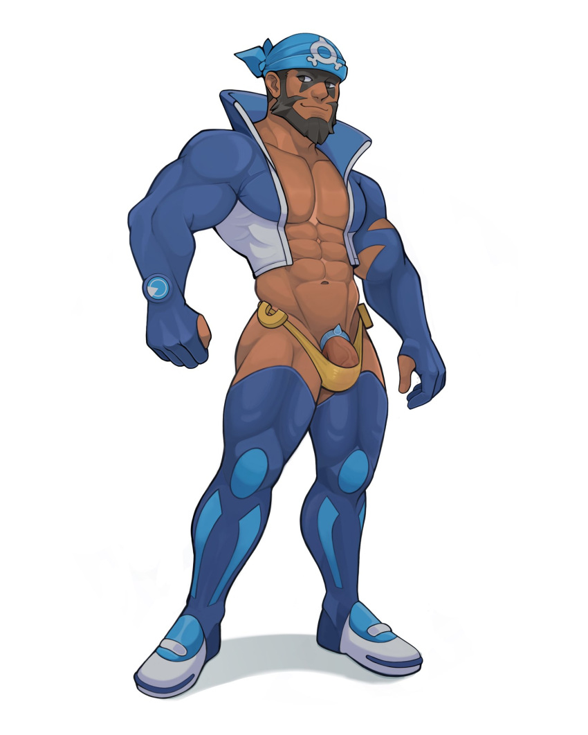 1boy abs archie_(pokemon) ball_bulge bandana bara beard bulge cock_ring dark_skin dick_root facial_hair flaccid gay geckobara human human_only male male_only melanin muscles muscular muscular_male pecs penis pokemon shaved_crotch simple_background solo solo_male team_aqua thong white_background