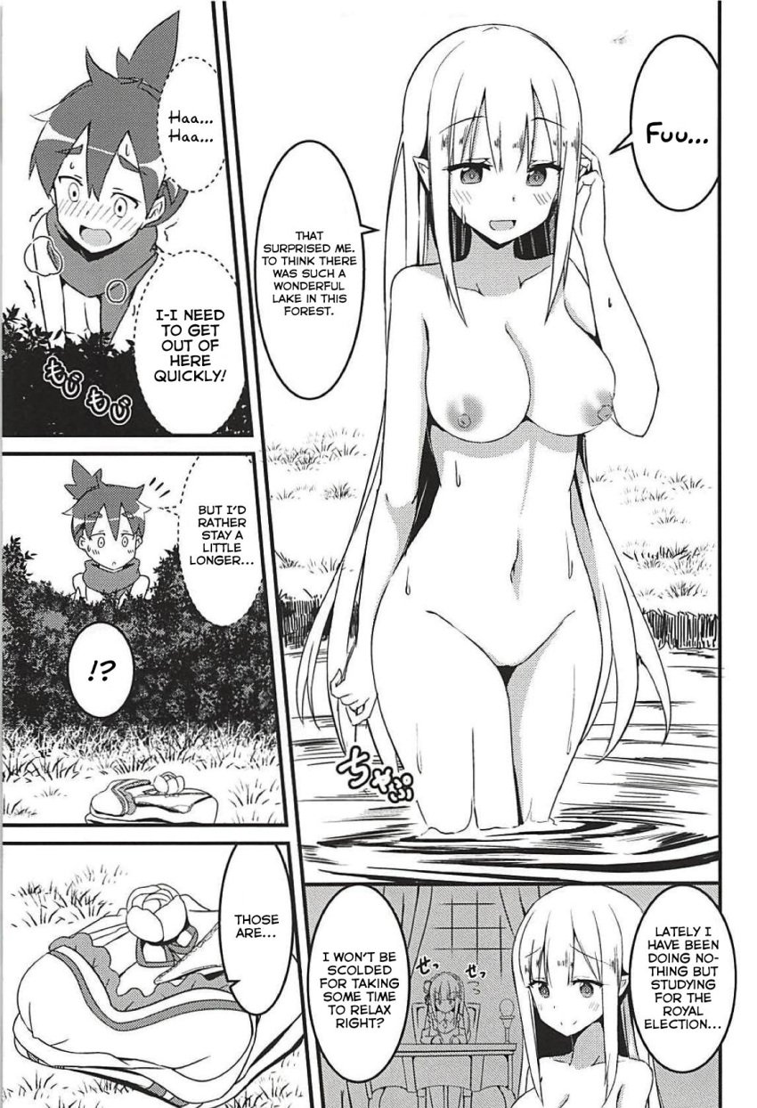 10s 1boy 1girls 2018 age_difference areolae breasts bushes censored comic comic_page completely_nude cute_expression doujin doujinshi elf elf_ears elf_female elf_girl emilia_(re:zero) english english_dialogue english_text erection female_virgin flashback forest getting_erect grass human implied_erection interspecies lake large_breasts lucas_(re:zero) male_human/female_elf male_virgin manga minato_yoshihiro navel nipples nude older_female older_woman_and_younger_boy panels peeping pointy_ears re:zero_kara_hajimeru_isekai_seikatsu scarf shirtless teenage_girl teenage_girl_and_younger_boy teenager text text_bubble translated trembling water young younger_male