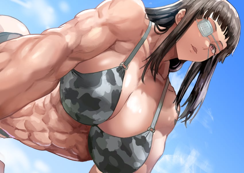 1girls abs absurd_res biceps big_breasts bikini black_hair camo_clothing camo_print camouflage camouflage_bikini cleavage daraz18aka eye_patch female_only hi_res jormungand light-skinned_female light_skin looking_at_viewer looking_down muscular muscular_arms muscular_female pink_eyes sofia_valmer solo_female solo_focus swimsuit