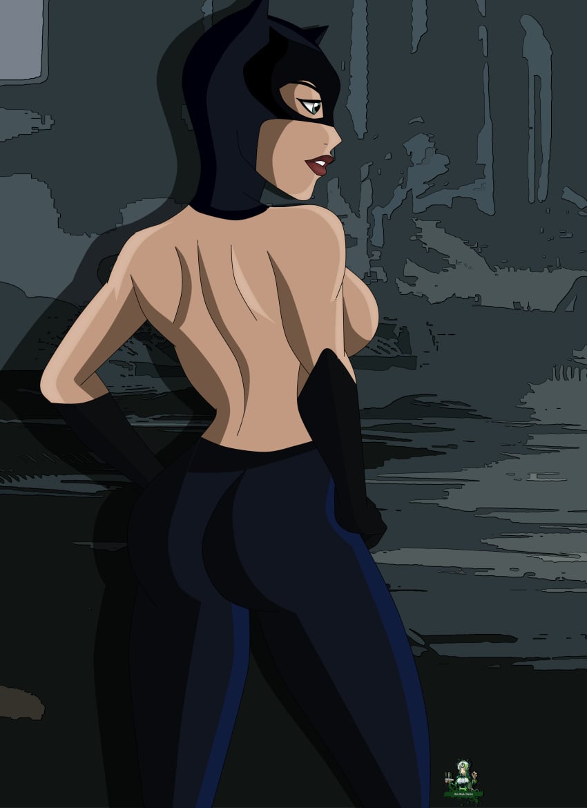 1girls ass back back_view batman:_the_long_halloween batman_(series) breasts catwoman catwoman_(tomorrowverse) dc_comics dcuaom female female_only green_eyes lips lipstick mask masked noir-black-shooter pants rear_view solo teeth tomorrowverse topless