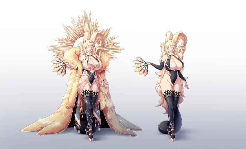 2girls ass bare_shoulders black_legwear blonde_hair breasts cleavage elder_dragon eyelashes fan female female_focus female_only front_view gold_(metal) gold_eyes gold_jewelry hair_over_one_eye halo heels highleg_leotard horn horns kulve_taroth large_breasts large_horns long_hair looking_to_the_side milf monster_girl monster_hunter monster_hunter_world multiple_girls multiple_outfits o-ring overflowing_breasts sideboob tagme tail thick_thighs thighhighs thighs very_long_hair yamanata