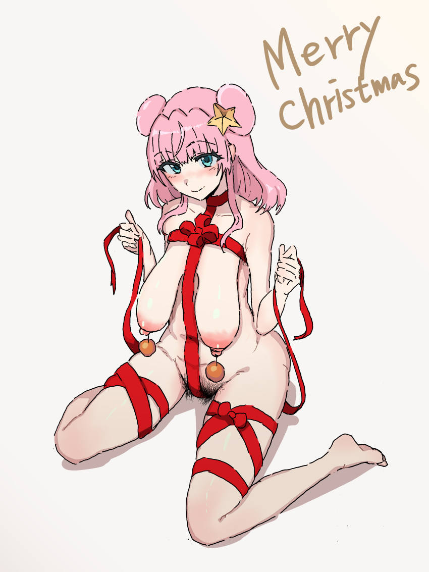 aqua_eyes big_breasts blush christmas double_bun female female_only hair_ribbon looking_at_viewer medium_hair momoka_(yukio) mostly_nude nipple_ornament original pale-skinned_female pink_hair pubic_hair ribbon ribbon_bondage ribboned_body sagging_breasts sitting smile solo star_(symbol) yukio