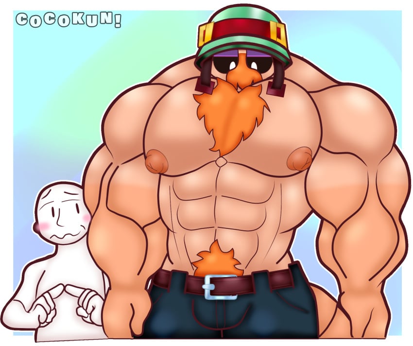 big_pecs blushed brawl_stars cocokun! hairy_abs hairy_chest hank_(brawl_stars) man_tits military muscled muscular_male orange_body orange_hair pants shrimp white_body white_eyes