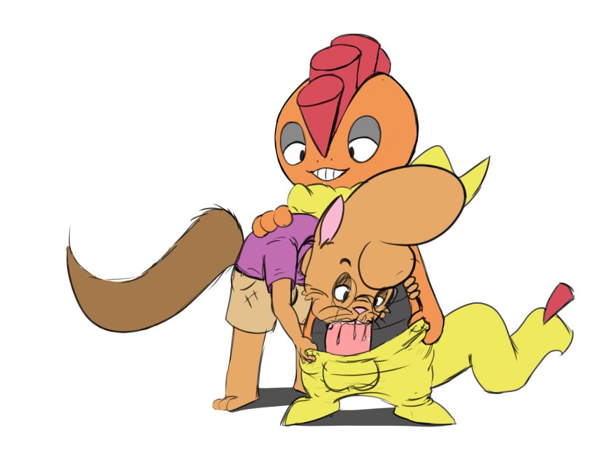 anthro ball_bulge bent_over bulge clothing duo eyewear fellatio genitals glasses hi_res lizard male male/male mammal nintendo oral penile penis pink_penis pokémon_(species) pokemon public reptile rodent scalie sciurid scrafty sex twee twerpishimp video_games