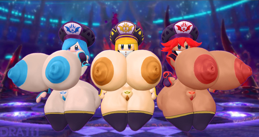 3d 3girls blonde_hair blue_hair dra111_(artist) dragon316 female_only fingerless_gloves flamberge_(kirby) francisca_(kirby) hair_over_one_eye hourglass_figure huge_ass huge_breasts kirby_(series) kirby_star_allies nintendo red_hair shortstack tagme thick_thighs thin_waist zan_partizanne