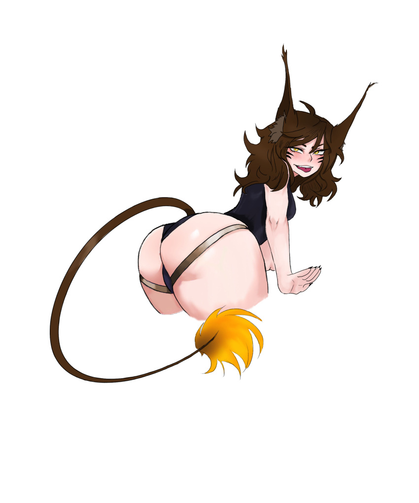 1girls animal_ears ass ass_focus back_view big_ass brown_hair female female_only floppa hips long_ears orange_eyes smile tail thick_thighs thighs