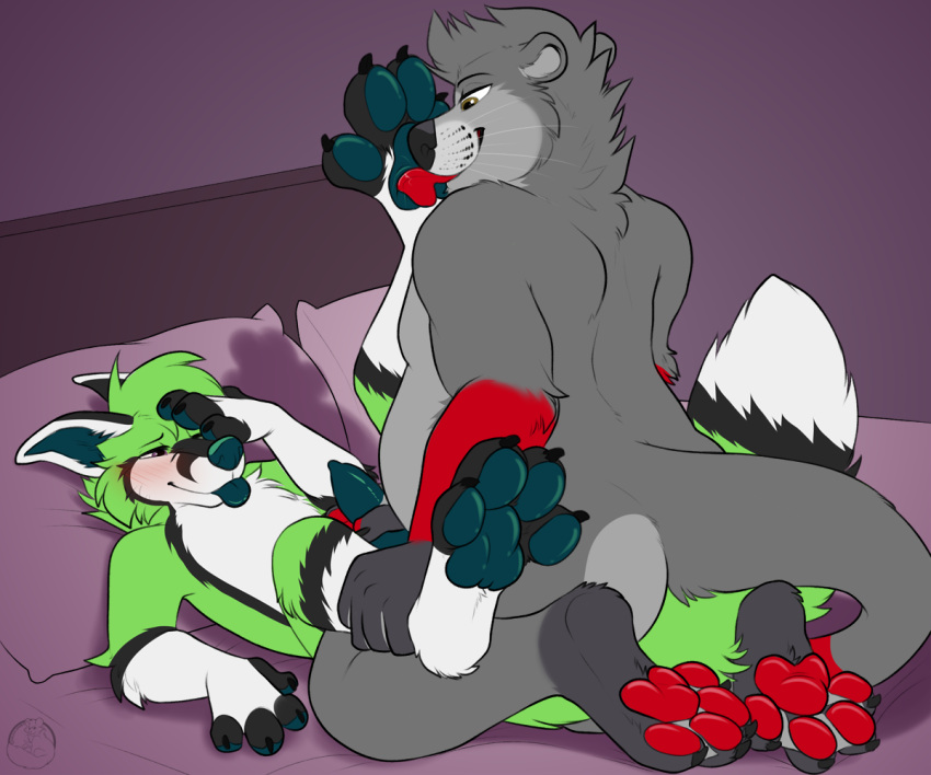 2022 4_toes 5_fingers anthro anthro_on_anthro anthro_penetrated anthro_penetrating anthro_penetrating_anthro canid canine carifoxleopard digital_media_(artwork) duo feet fingers fur green_body green_fur grey_body grey_fur lutrine male male/male male_penetrated male_penetrating male_penetrating_male mammal mustelid penetration sex smile toes