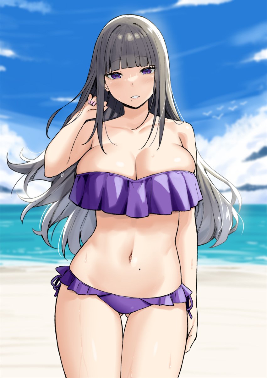 1girls 2021 aimi_(sky_(freedom)) ass_visible_through_thighs beach bikini black_hair breasts bursting_breasts cleavage cloud female female_only frilled_bikini frills gradient_hair highres hime_cut joshi_kōsei_rich_thots large_breasts long_hair looking_at_viewer mole mole_on_stomach mole_under_mouth nail_polish navel ocean original outdoors pink_nails purple_bikini purple_eyes sand side-tie_bikini sky sky_(freedom) smile solo standing strapless strapless_bikini swimsuit teeth thick_thighs thigh_gap thighs very_long_hair water wet wide_hips