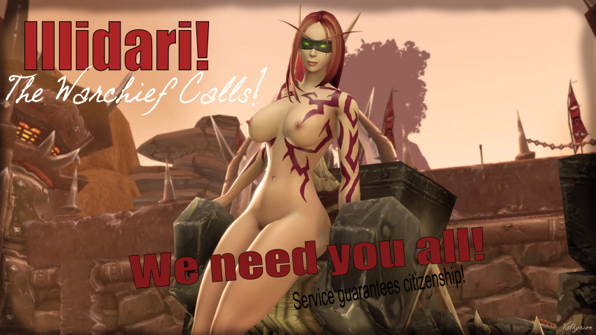 1girls 3d blizzard_entertainment blood_elf demon_hunter horde_banner horde_symbol huge_breasts light-skinned_female light_skin original_character red_hair solo valkyrien warcraft white_skin world_of_warcraft