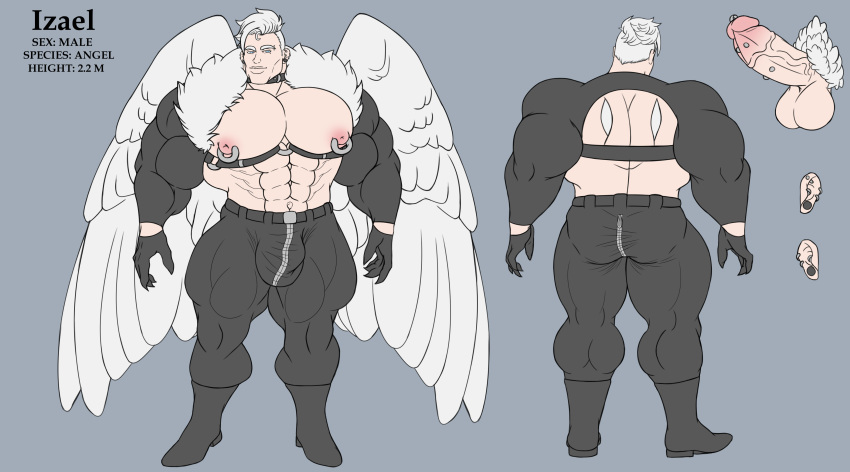 abs alexcherubic angel angel_wings blue_eyes character_sheet genital_piercing genitals male male_only muscular muscular_male original original_character pecs penis pierced_ears pierced_nipples piercing short_hair white_hair wings